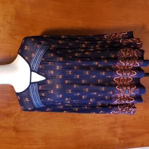 Vintage America navy print bell sleeve boho blouse, Size M